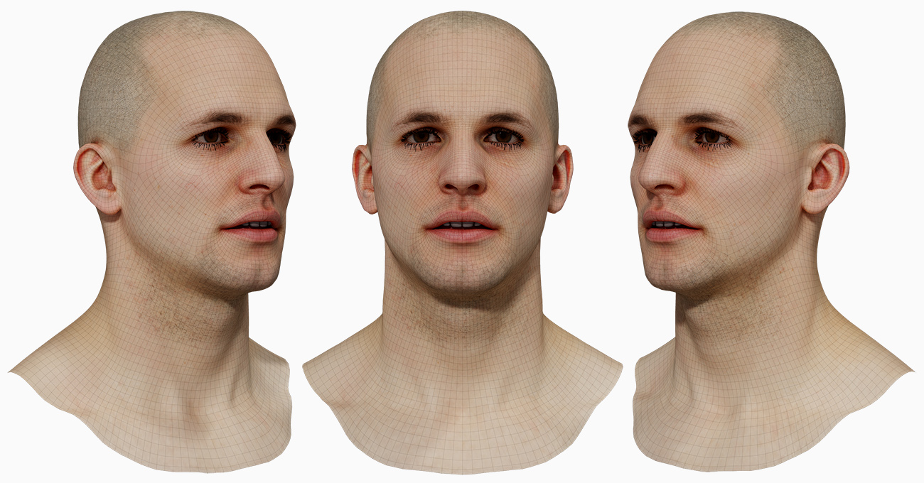 20's man 3d head scan wireframe render